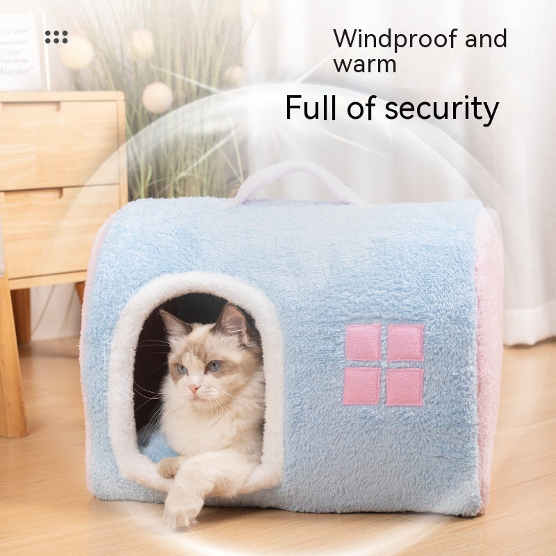 HKM-2418365 Cozy Flannel Cat Nest with Portable Handles - Available in Pink and Blue