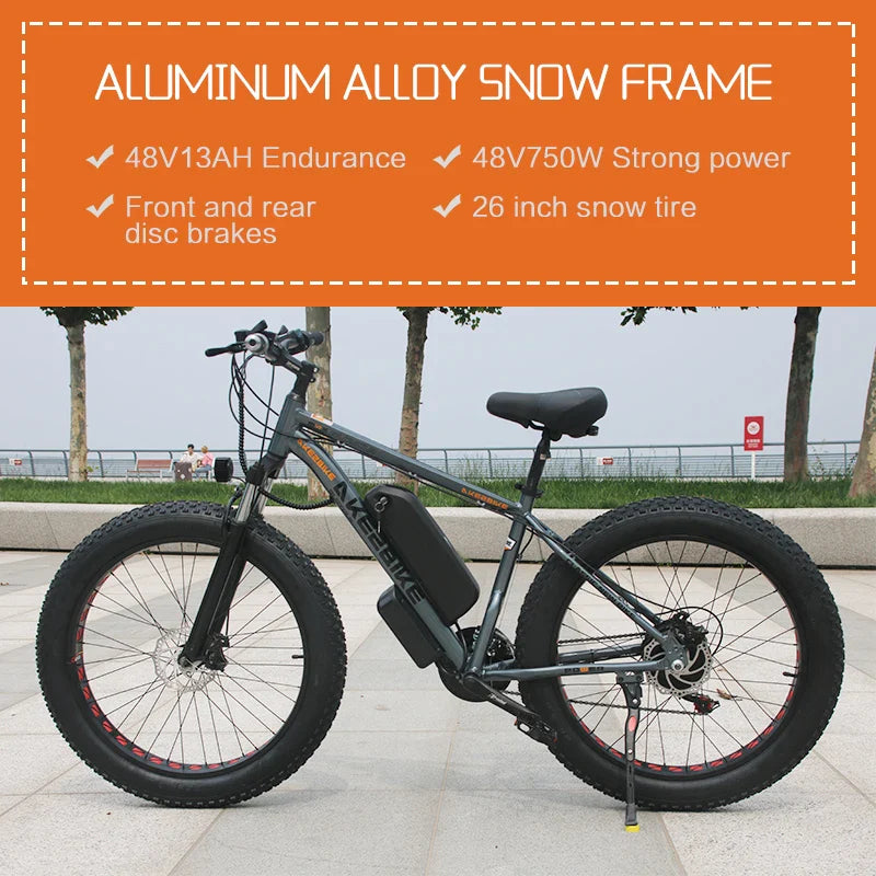 HKM-242003 Akez 750W Fat Tire Electric Mountain Bike - 48V Aluminum Frame, Dual Brake System, 21-Speed Gears, 26" Wheels