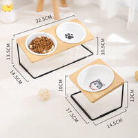 HKM-2431805 Ceramic Cat Bowl with Bamboo & Iron Rack for Chin and Neck Protection - 350ml Capacity
