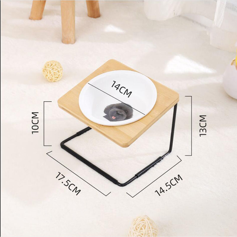 HKM-2431805 Ceramic Cat Bowl with Bamboo & Iron Rack for Chin and Neck Protection - 350ml Capacity
