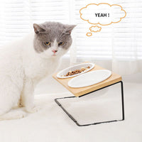 HKM-2431805 Ceramic Cat Bowl with Bamboo & Iron Rack for Chin and Neck Protection - 350ml Capacity