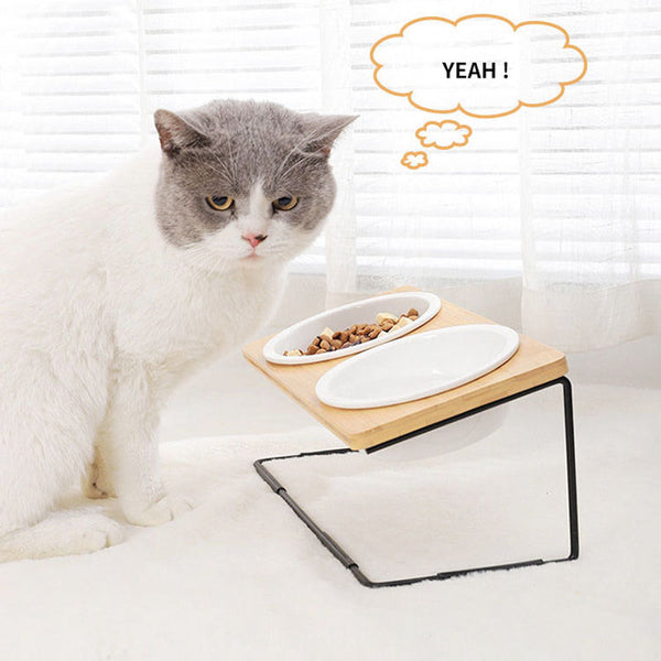 HKM-2431805 Ceramic Cat Bowl with Bamboo & Iron Rack for Chin and Neck Protection - 350ml Capacity