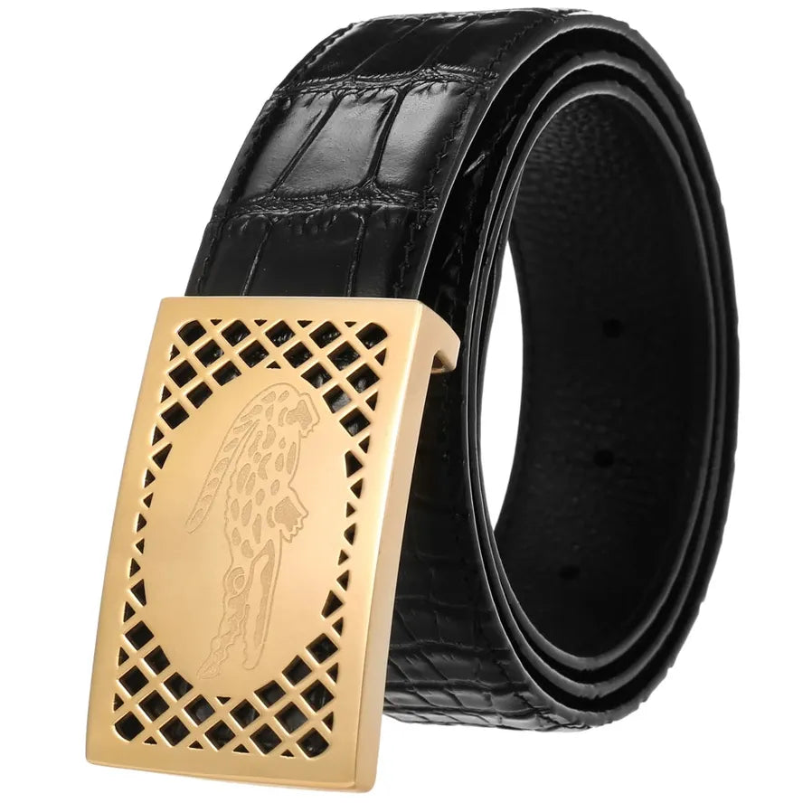 HKM-243539 Leather Belt with Stainless Steel Buckle - 3.8CM Width, First Layer Cowhide, Model LY38-61511-8