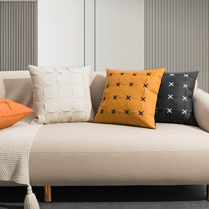 HKM-243795 Solid Color Hand-Woven PU Leather Pillow Cover - 45cm, Modern Simplicity in Orange, Gray, White, Yellow, Black