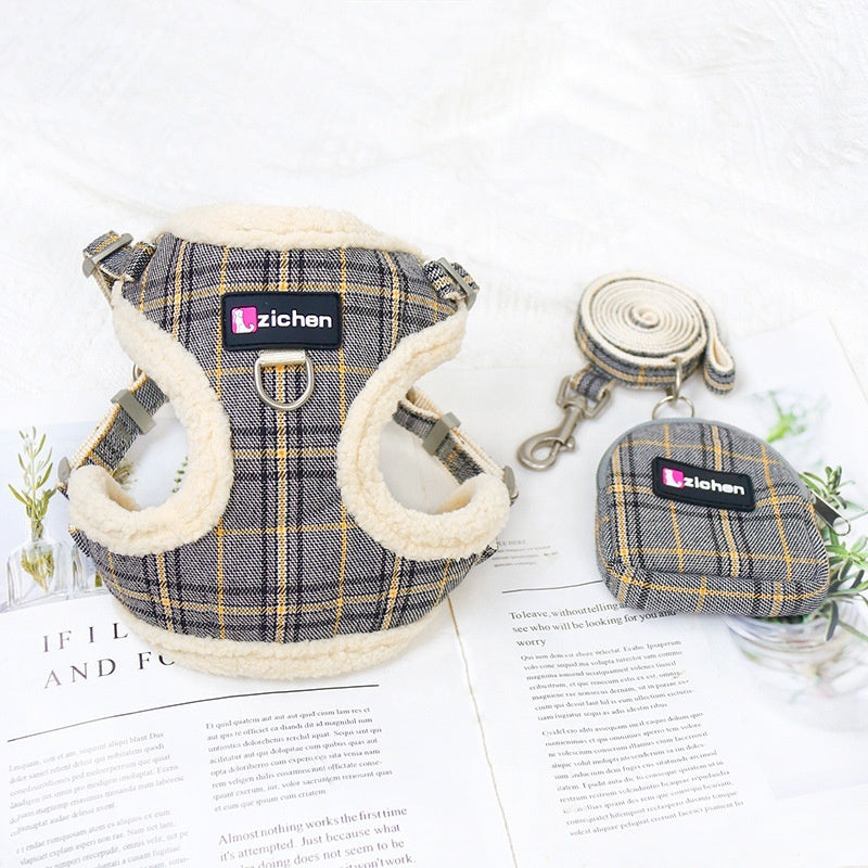 HKM-2440637 Plaid Dog Leash Vest with Fleece Lining and Snack Bag, Multiple Colors Available