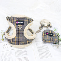 HKM-2440637 Plaid Dog Leash Vest with Fleece Lining and Snack Bag, Multiple Colors Available