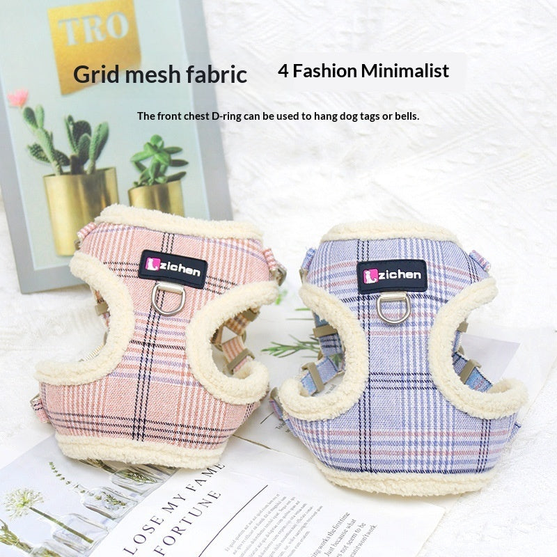 HKM-2440637 Plaid Dog Leash Vest with Fleece Lining and Snack Bag, Multiple Colors Available