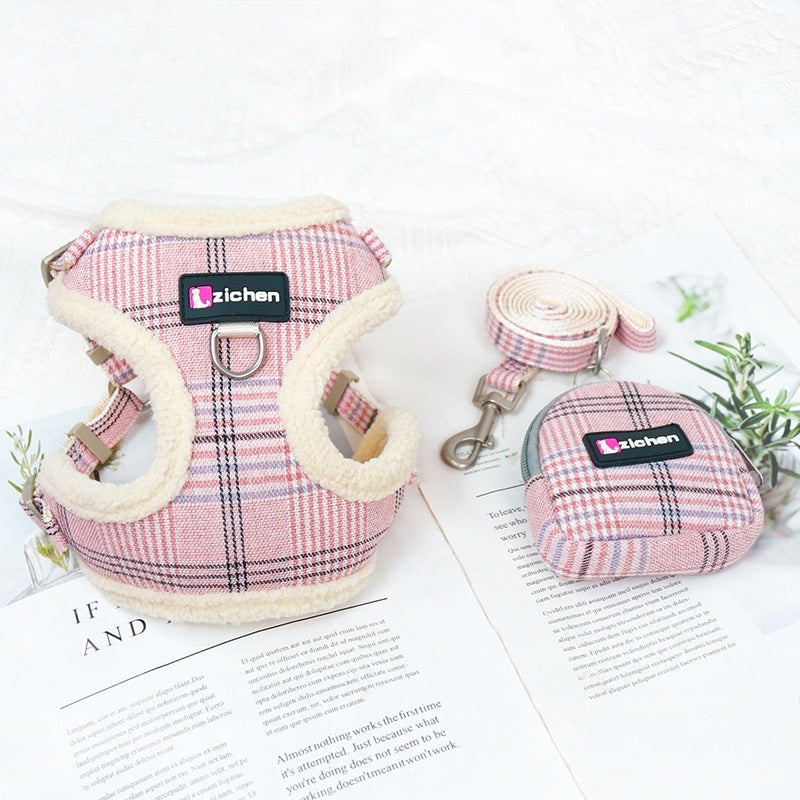 HKM-2440637 Plaid Dog Leash Vest with Fleece Lining and Snack Bag, Multiple Colors Available