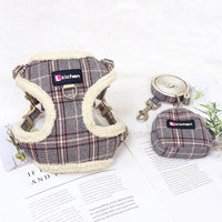 HKM-2440637 Plaid Dog Leash Vest with Fleece Lining and Snack Bag, Multiple Colors Available