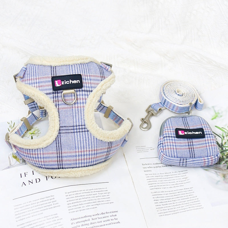HKM-2440637 Plaid Dog Leash Vest with Fleece Lining and Snack Bag, Multiple Colors Available