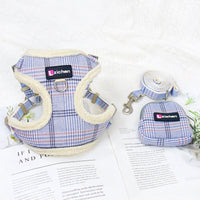 HKM-2440637 Plaid Dog Leash Vest with Fleece Lining and Snack Bag, Multiple Colors Available