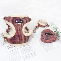 HKM-2440637 Plaid Dog Leash Vest with Fleece Lining and Snack Bag, Multiple Colors Available