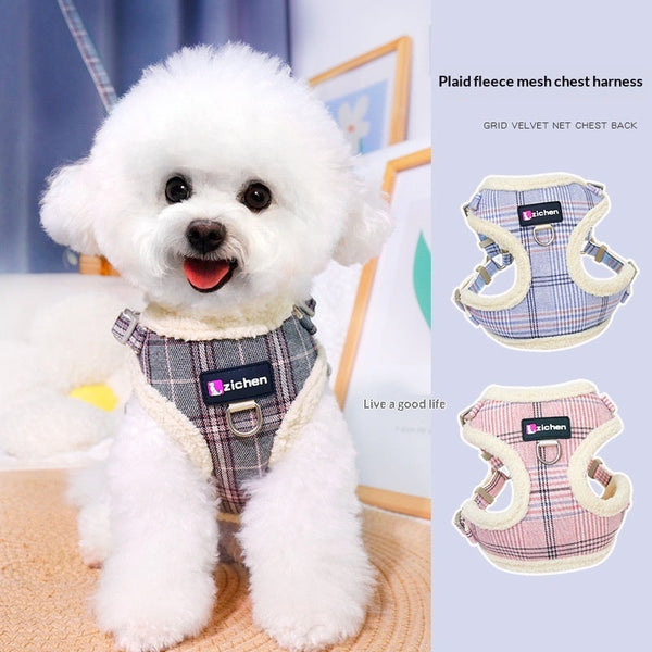 HKM-2440637 Plaid Dog Leash Vest with Fleece Lining and Snack Bag, Multiple Colors Available
