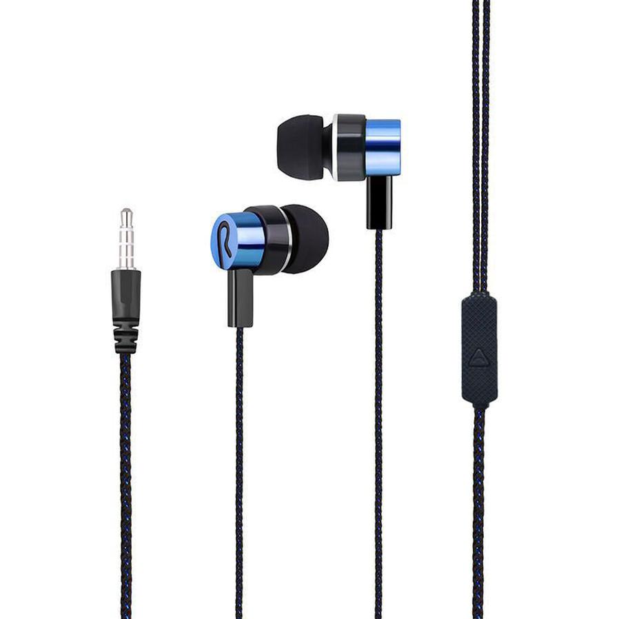 HKM-244371 Braided Microphone Earphones with Extra Bass - 3.5mm In-Ear Headset, Blue Color