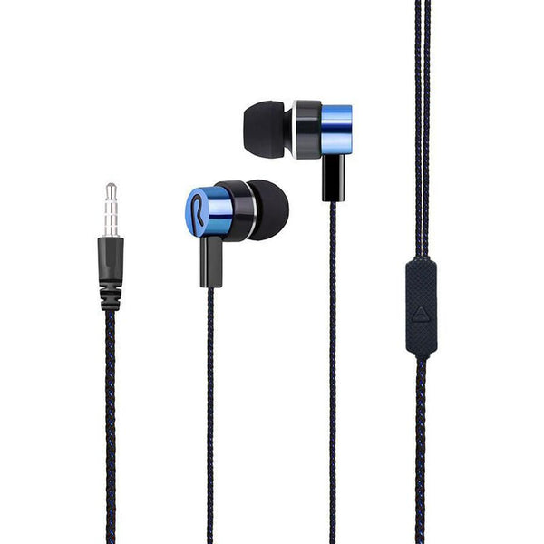 HKM-244371 Braided Microphone Earphones with Extra Bass - 3.5mm In-Ear Headset, Blue Color