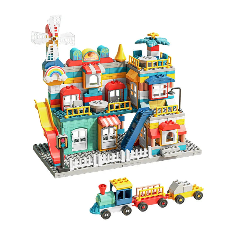 HKM-244563 DIY Assembled Windmill Train Building Block Set - 265pcs Educational Construction Toy for Ages 3 and Up