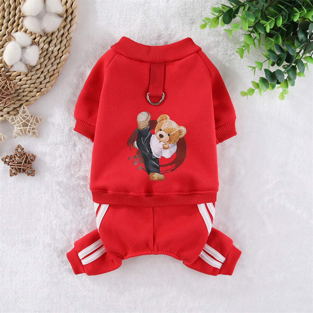 HKM-2445757 Kung Fu Bear Costume for Dogs in Red and Blue - Cozy Fleece Pet Clothing