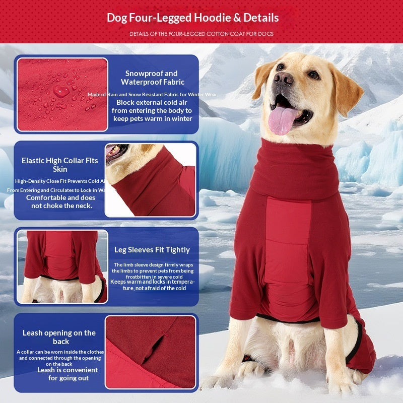 HKM-2445885 Thickened Four-Legged Hoodie for Large Dogs in Red or Gray - Soft German Polar Fleece
