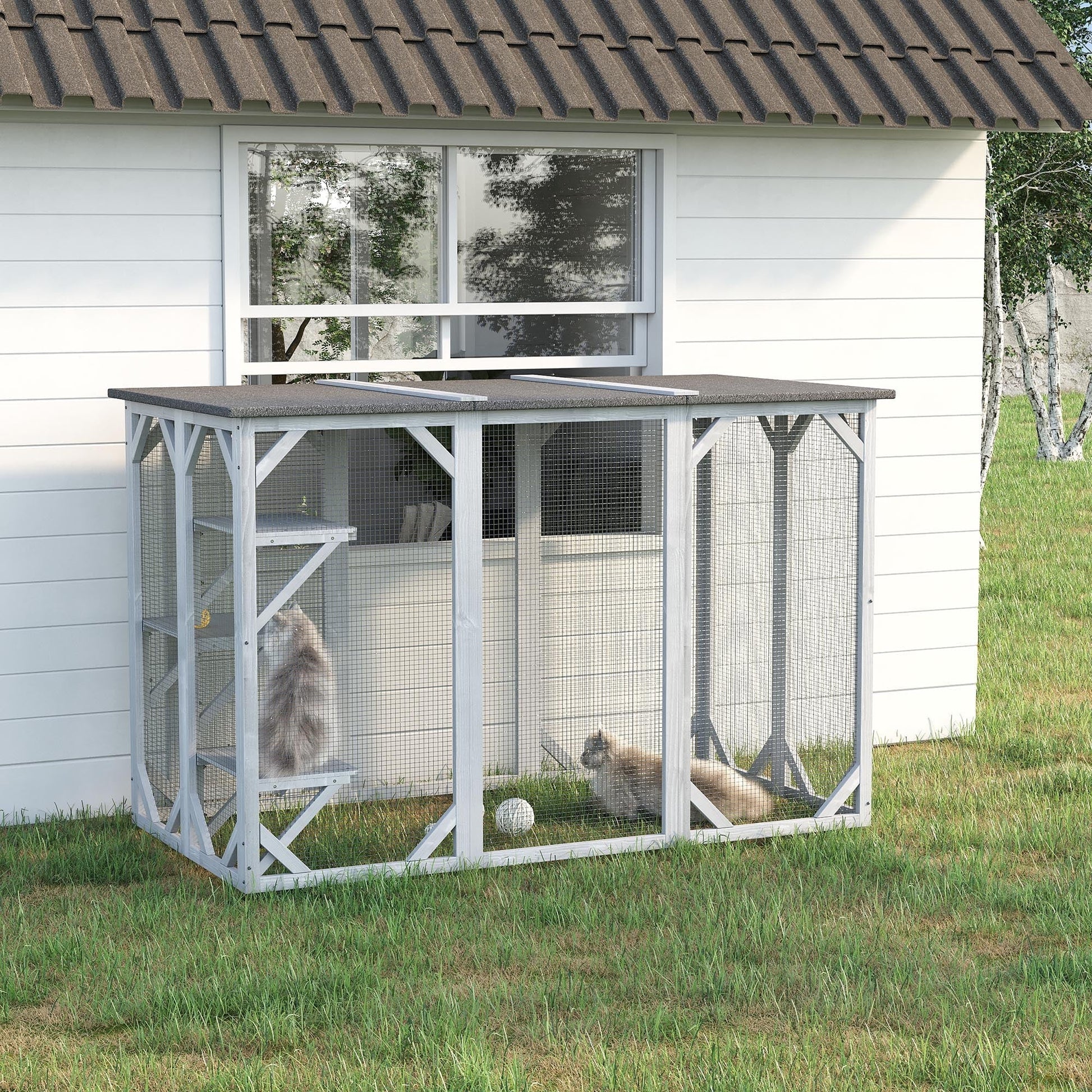 HKM-2447165 Large Wooden Outdoor Cat Enclosure with Three Platforms and Weather-Resistant Roof, Gray