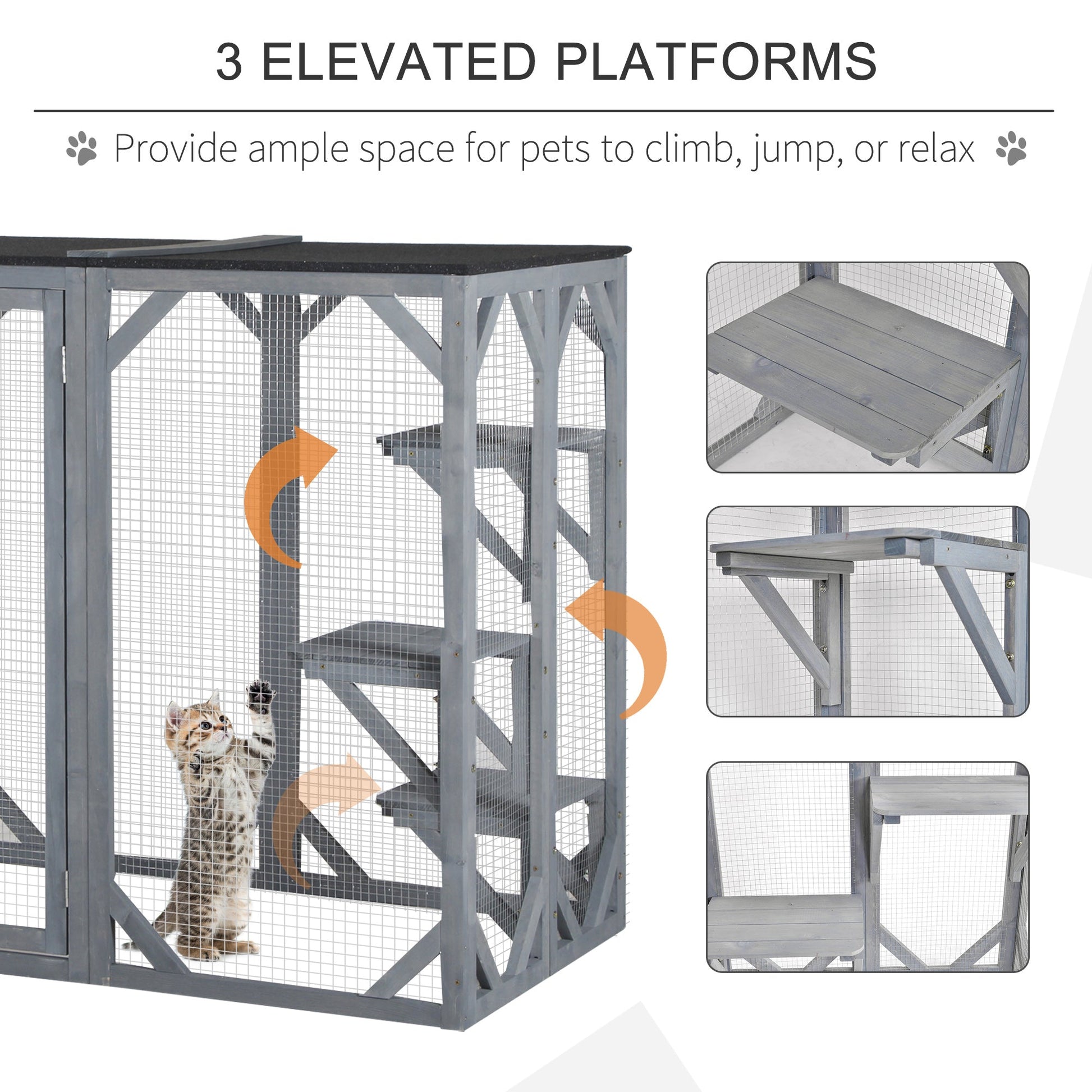HKM-2447165 Large Wooden Outdoor Cat Enclosure with Three Platforms and Weather-Resistant Roof, Gray
