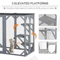 HKM-2447165 Large Wooden Outdoor Cat Enclosure with Three Platforms and Weather-Resistant Roof, Gray