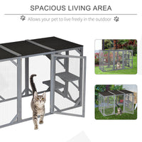 HKM-2447165 Large Wooden Outdoor Cat Enclosure with Three Platforms and Weather-Resistant Roof, Gray