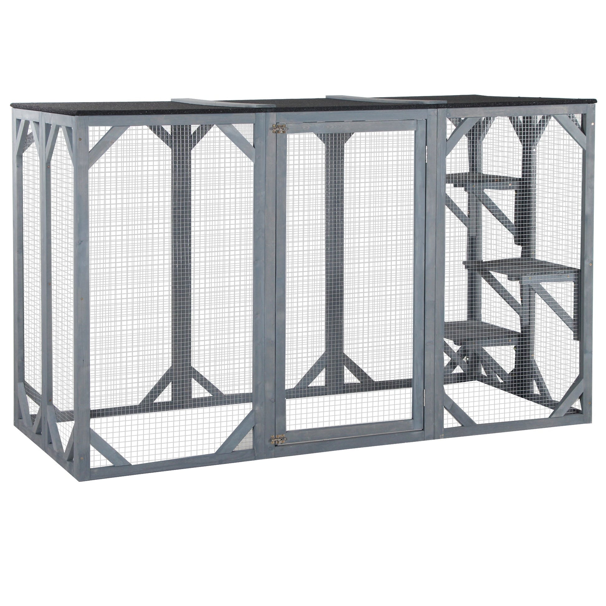 HKM-2447165 Large Wooden Outdoor Cat Enclosure with Three Platforms and Weather-Resistant Roof, Gray