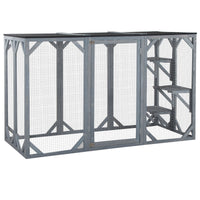 HKM-2447165 Large Wooden Outdoor Cat Enclosure with Three Platforms and Weather-Resistant Roof, Gray