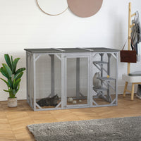 HKM-2447165 Large Wooden Outdoor Cat Enclosure with Three Platforms and Weather-Resistant Roof, Gray
