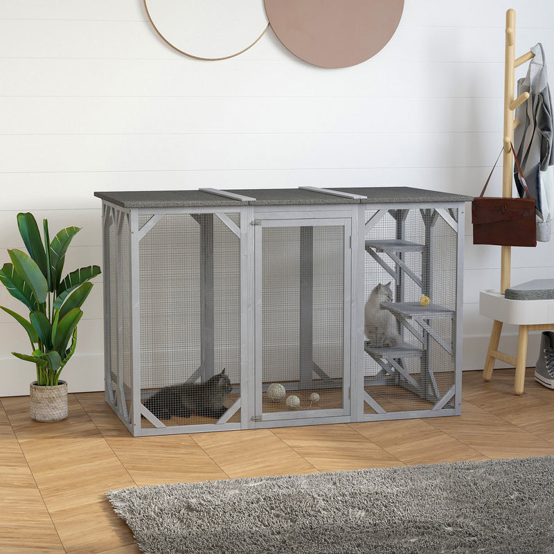 HKM-2447165 Large Wooden Outdoor Cat Enclosure with Three Platforms and Weather-Resistant Roof, Gray