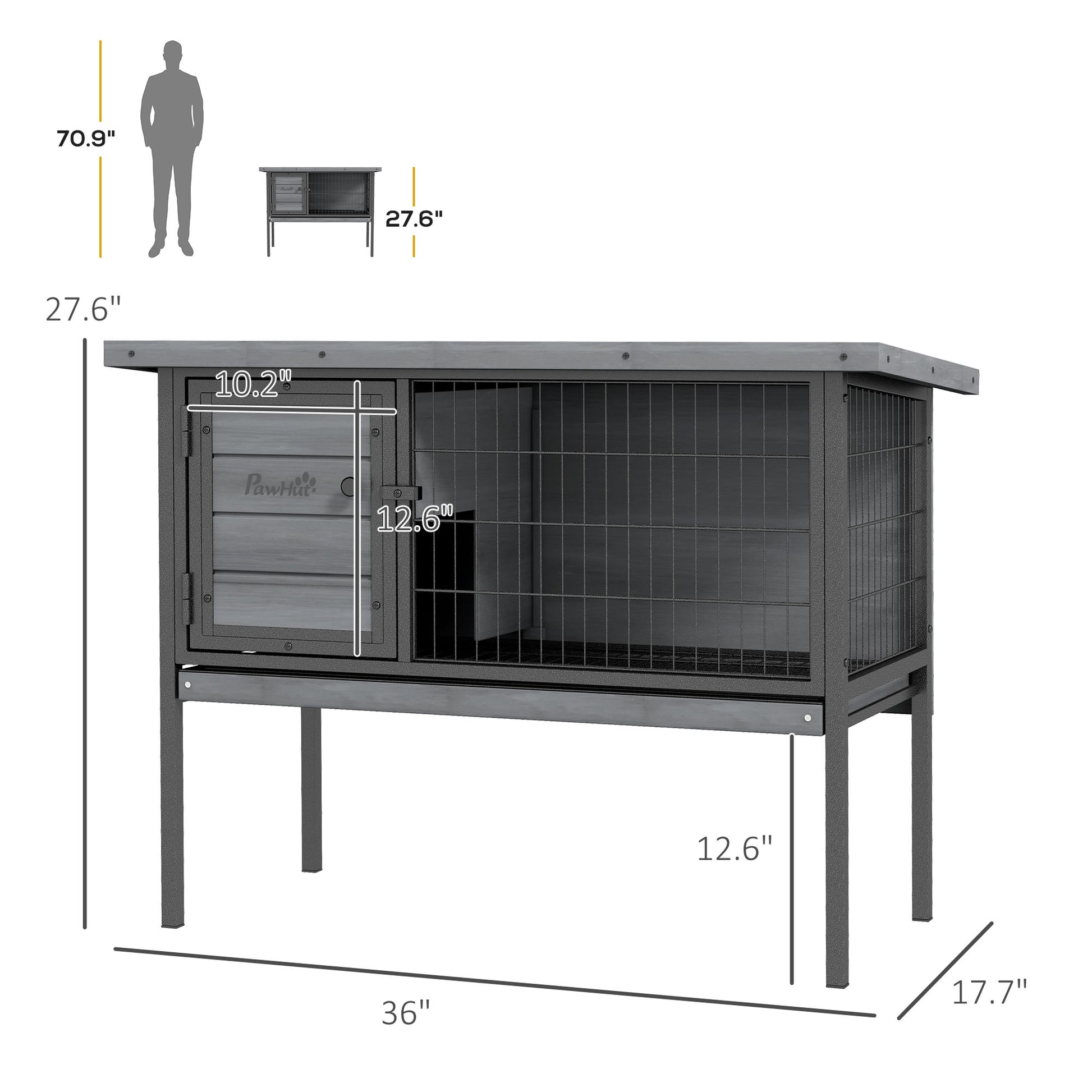 HKM-2450749 Elevated Wooden Rabbit Hutch with Openable Roof and Leak-Proof Tray for Indoor/Outdoor Use, Gray