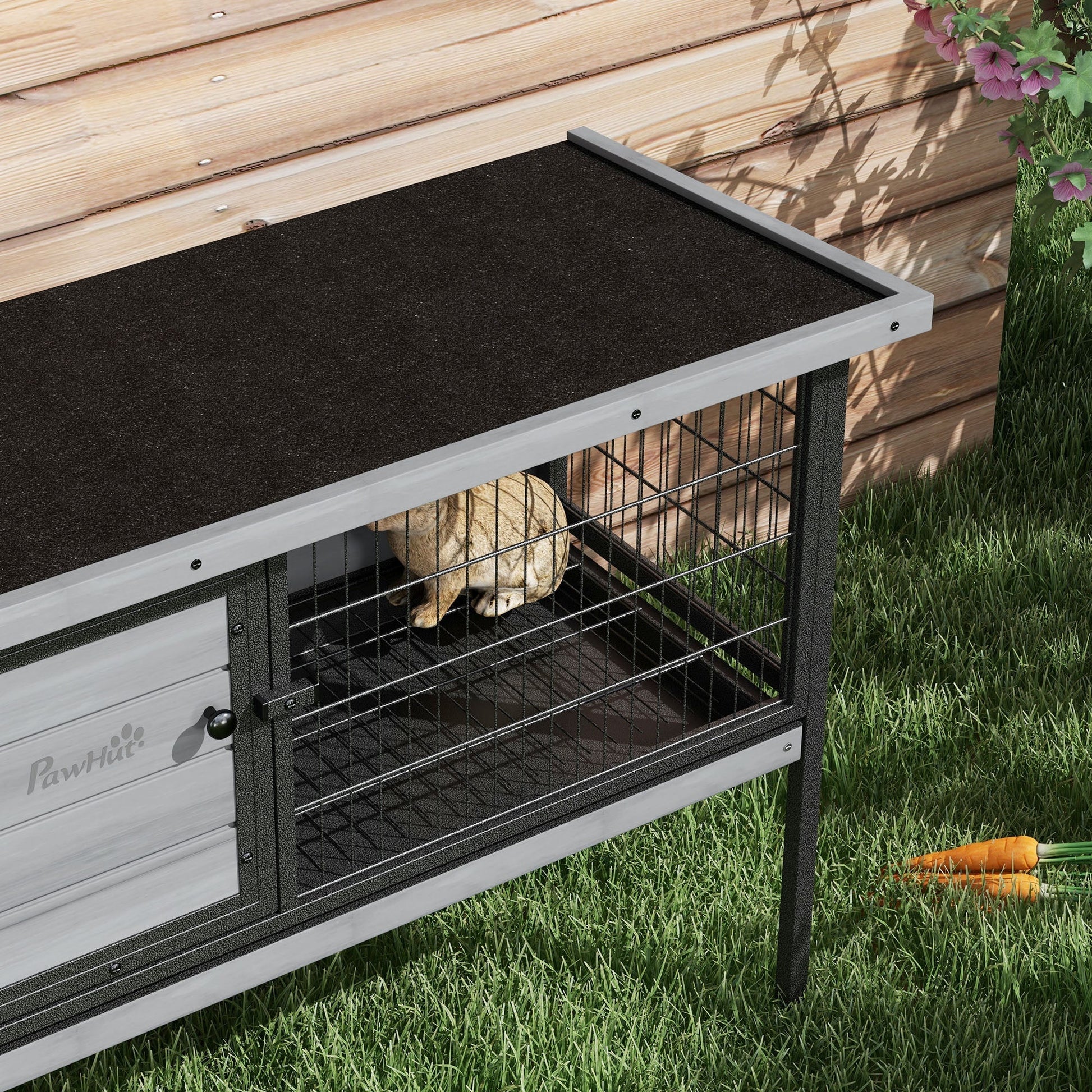 HKM-2450749 Elevated Wooden Rabbit Hutch with Openable Roof and Leak-Proof Tray for Indoor/Outdoor Use, Gray