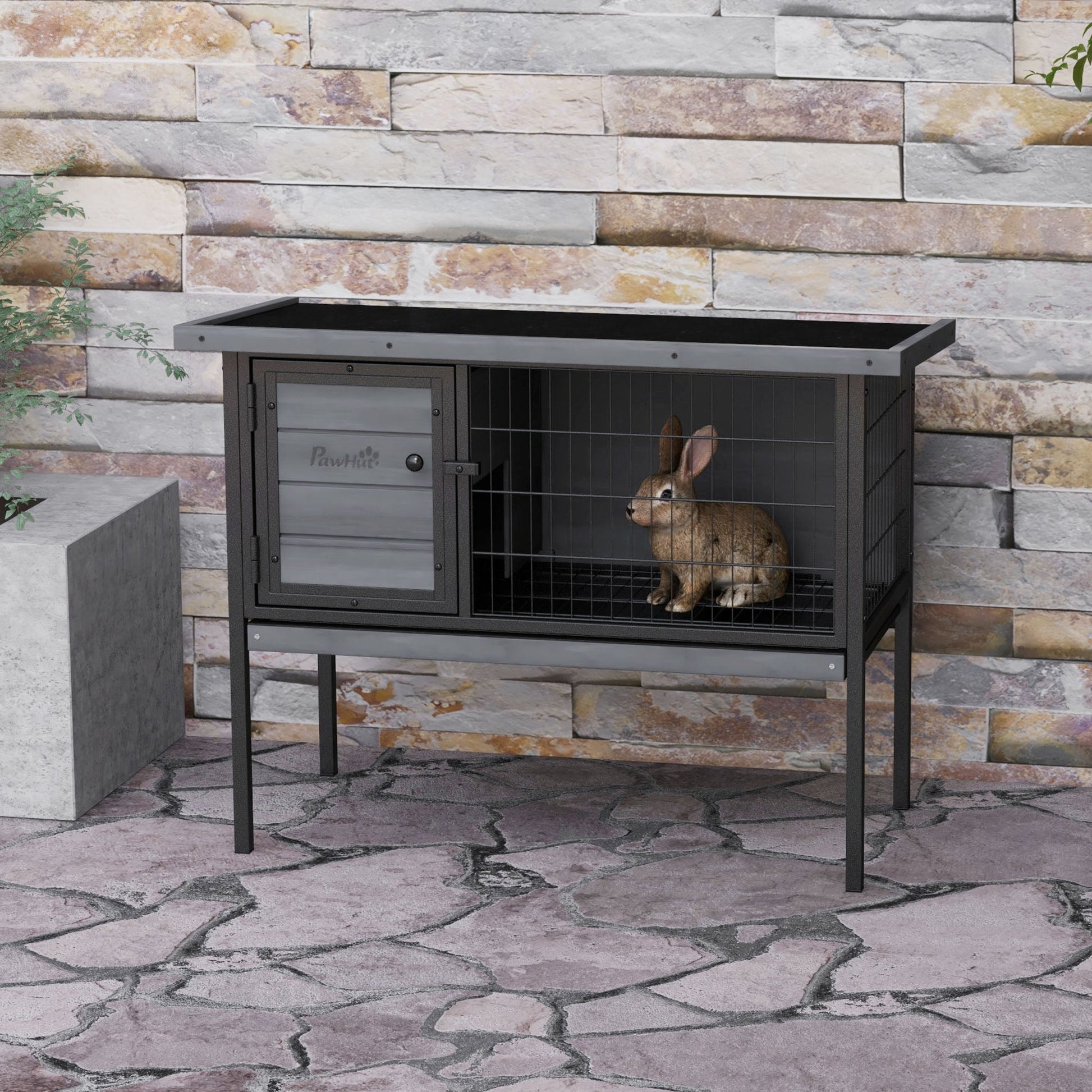 HKM-2450749 Elevated Wooden Rabbit Hutch with Openable Roof and Leak-Proof Tray for Indoor/Outdoor Use, Gray