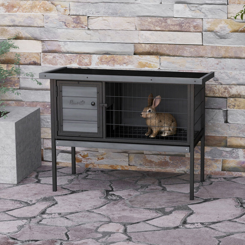 HKM-2450749 Elevated Wooden Rabbit Hutch with Openable Roof and Leak-Proof Tray for Indoor/Outdoor Use, Gray