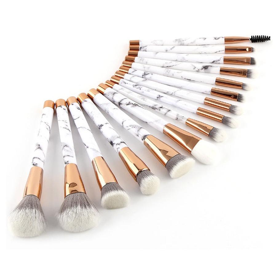 HKM-245203 15-Piece White Marble Makeup Brush Set for Foundation, Eyeshadow, and Blending