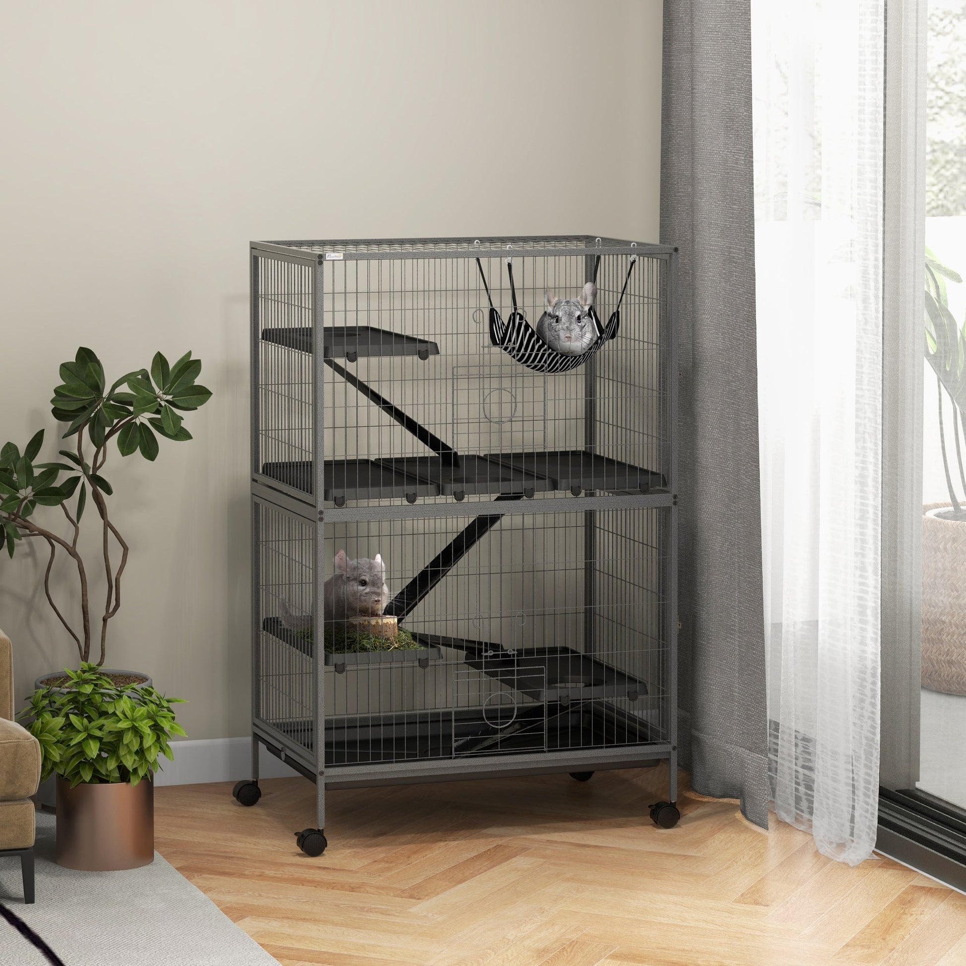 HKM-2456509 50" Rolling Small Animal Cage with Hammock, 4 Doors, Removable Tray for Ferrets and Chinchillas