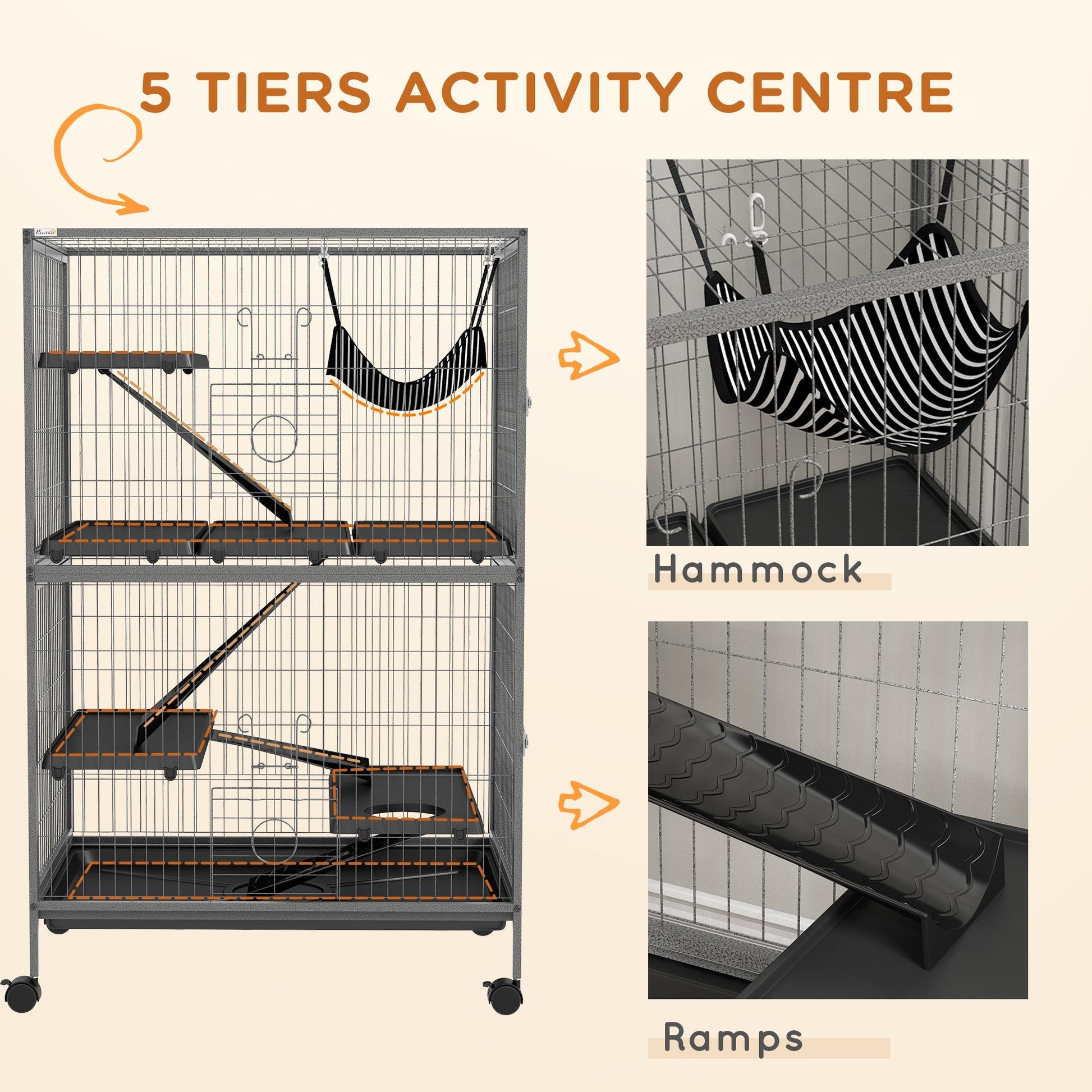 HKM-2456509 50" Rolling Small Animal Cage with Hammock, 4 Doors, Removable Tray for Ferrets and Chinchillas
