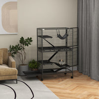 HKM-2456509 50" Rolling Small Animal Cage with Hammock, 4 Doors, Removable Tray for Ferrets and Chinchillas