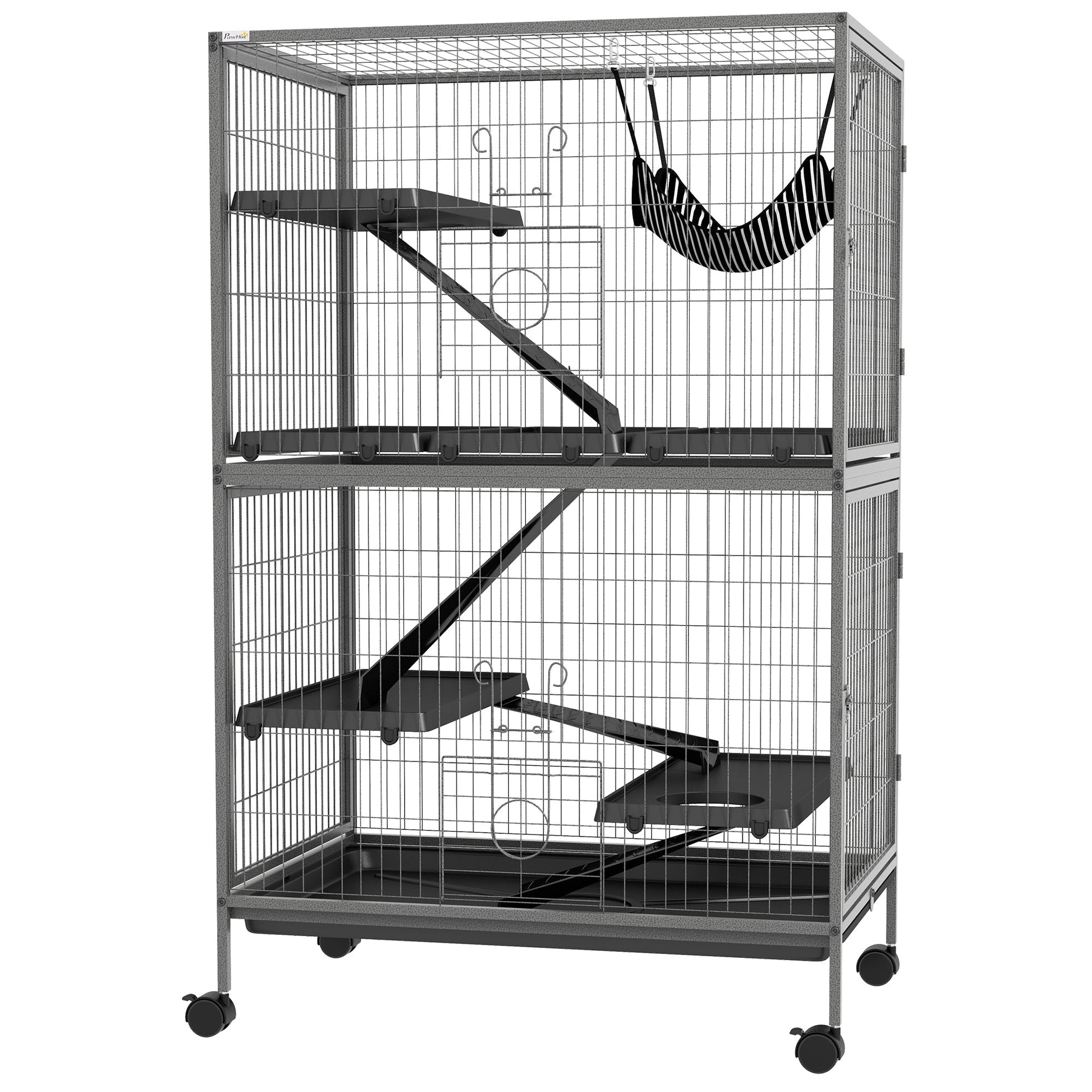 HKM-2456509 50" Rolling Small Animal Cage with Hammock, 4 Doors, Removable Tray for Ferrets and Chinchillas