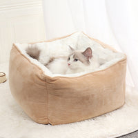 HKM-2456893 Cozy Printed Plush Cat Kennel - Square Pet Nest for Autumn and Winter, 47x47x26cm