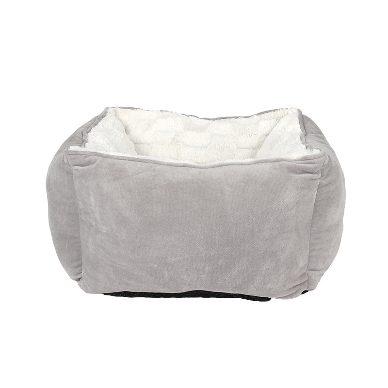 HKM-2456893 Cozy Printed Plush Cat Kennel - Square Pet Nest for Autumn and Winter, 47x47x26cm