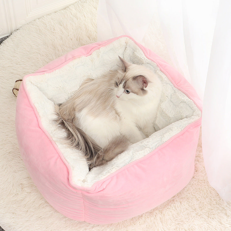 HKM-2456893 Cozy Printed Plush Cat Kennel - Square Pet Nest for Autumn and Winter, 47x47x26cm