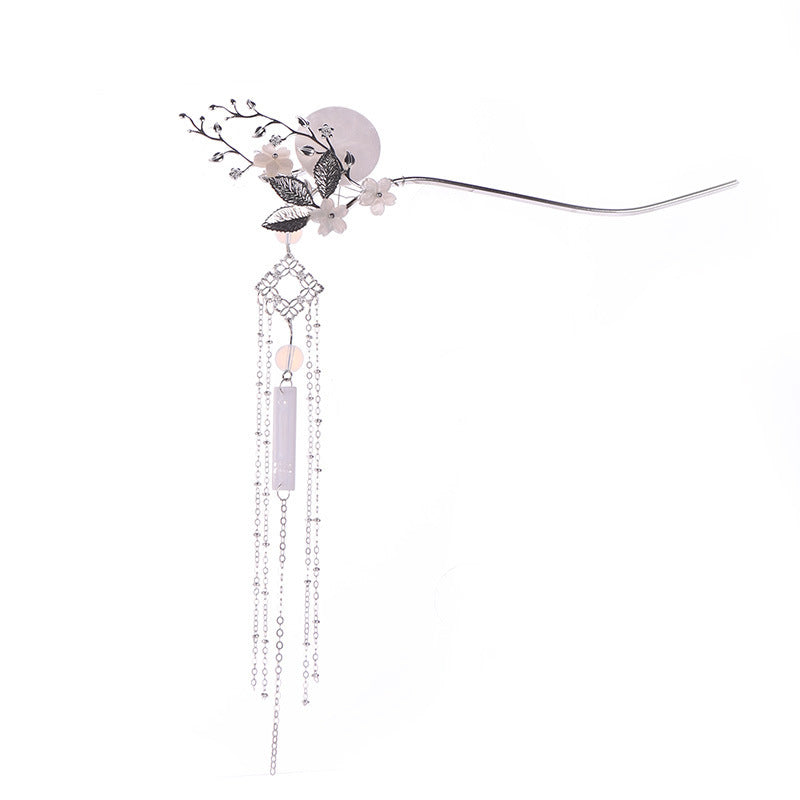 HKM-245715 Vintage Silver Floral Headdress with Pearls - Hanfu Tassel Hairpin