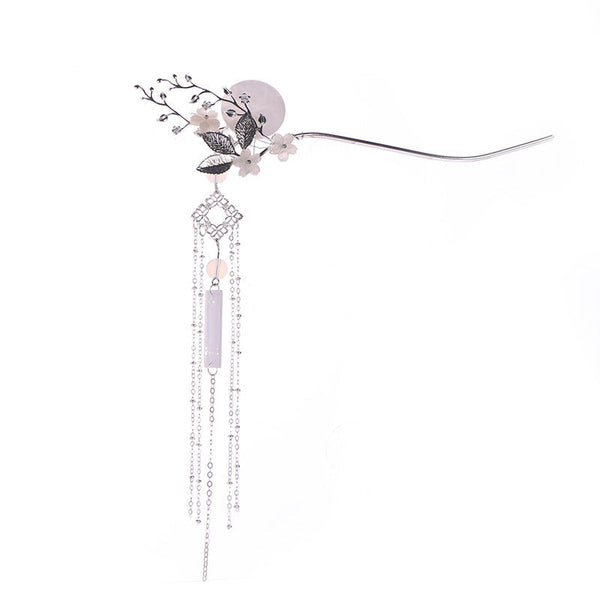 HKM-245715 Vintage Silver Floral Headdress with Pearls - Hanfu Tassel Hairpin