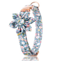 HKM-2460605 Flower Print Dog Collar with Rose Metal Buckle and Sunflower Design in Blue, Orange, and Gray-Green