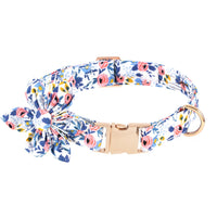 HKM-2460605 Flower Print Dog Collar with Rose Metal Buckle and Sunflower Design in Blue, Orange, and Gray-Green