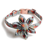 HKM-2460605 Flower Print Dog Collar with Rose Metal Buckle and Sunflower Design in Blue, Orange, and Gray-Green