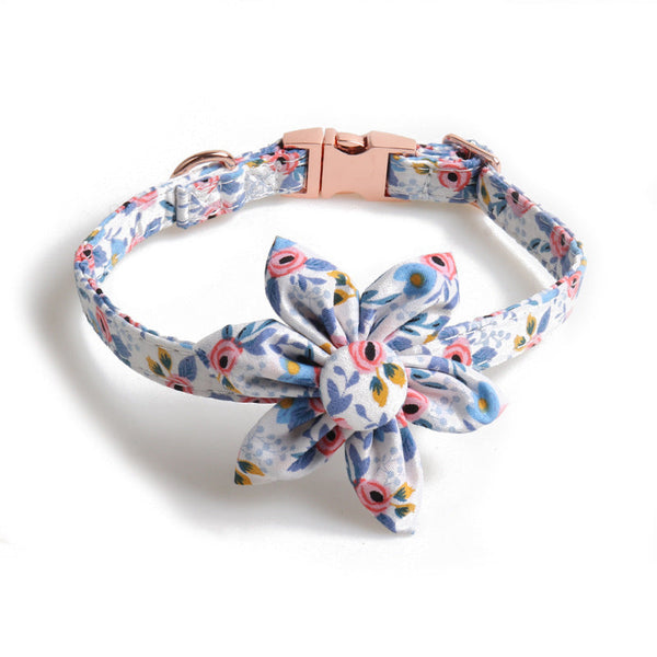 HKM-2460605 Flower Print Dog Collar with Rose Metal Buckle and Sunflower Design in Blue, Orange, and Gray-Green