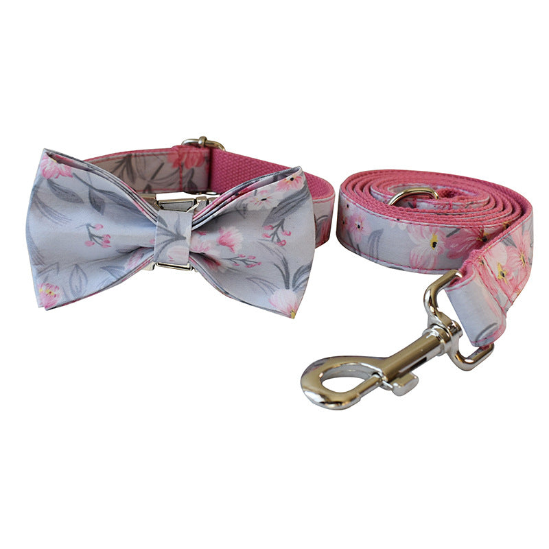 HKM-2462397 Stylish Ink Painting Print Dog Collar and Leash Set with Bow