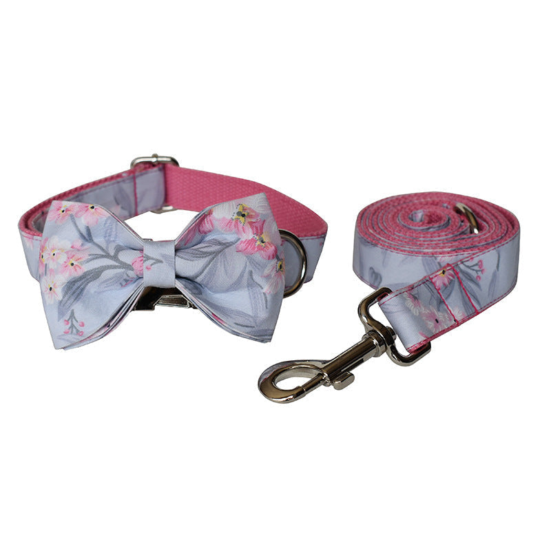 HKM-2462397 Stylish Ink Painting Print Dog Collar and Leash Set with Bow